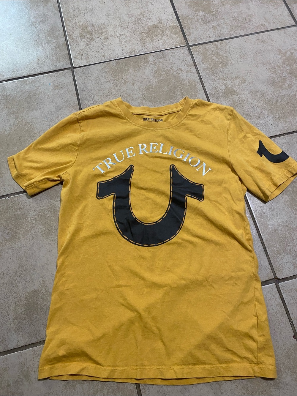 True Religion Men's Yellow Short Sleeve Tee with Black Logo